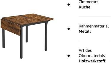 Обідній стіл VASAGLE, розкладний кухонний стіл на 2-4 персони, для невеликих приміщень, вінтажний коричнево-чорний KDT077B01
