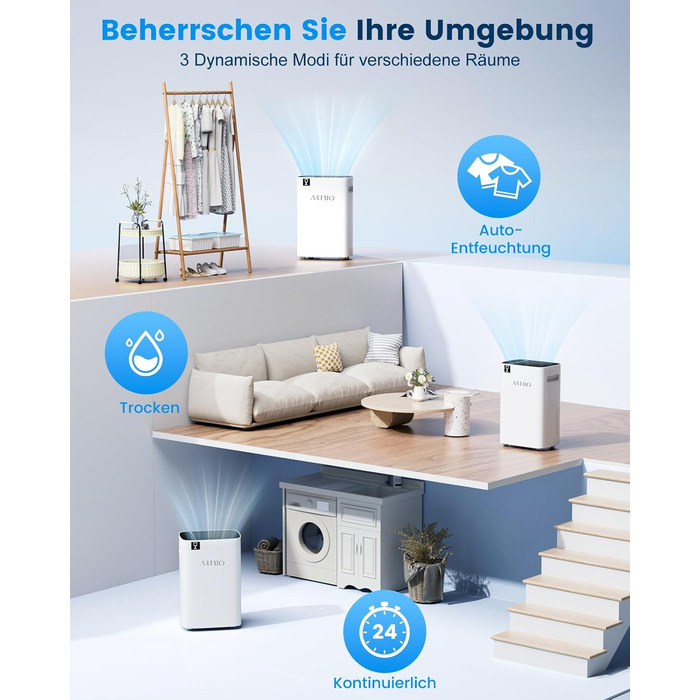 Електричний осушувач повітря 20л/день, високої продуктивності, з функцією сушіння білизни, таймером та системою відтавання, для приміщень до 200 м³/60 м², підходить для квартир, ванних кімнат, підвалів, гарантія 10 років