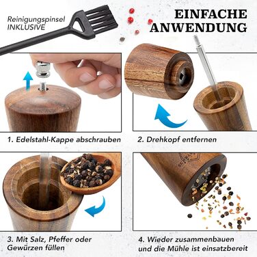 Набір з 2-х дерев'яних мельниць для солі та перцю (21 см) з керамічним механізмом - з пензликом для чищення та рецептами, кухонні аксесуари, подарунок