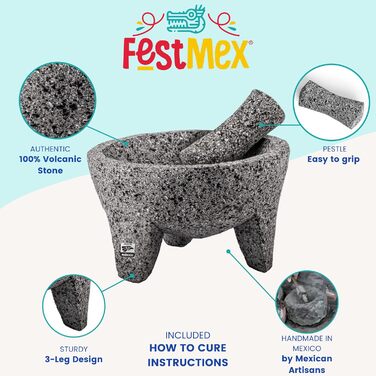 Механічний мексиканський мортай та пестик Molcajete з натурального вулканічного каменю, важкий та довговічний, для приготування сальси, гуакамоле та інших страв | (12.7 см)