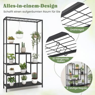 Підставка для рослин COSTWAY 6 ярусів, металева, 180 см, з 10 S-подібними гачками, для балкона/вітальні (чорна)