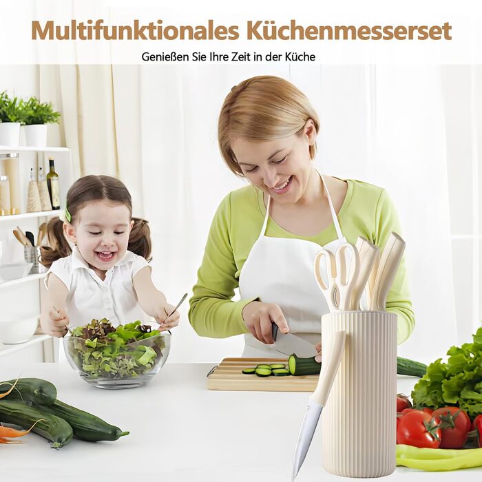 Набір кухонних ножів 7 шт. з бруском, Messerblock, з нержавіючої сталі, для кухні, нарізки м'яса та овочів (Бежевий)