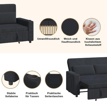 Диван-ліжко JUMMICO 2-місний розкладний з подушками, оббивка корд, чорно-синій, 75x160x93 см. Диван для вітальні та спальні з підсклянником