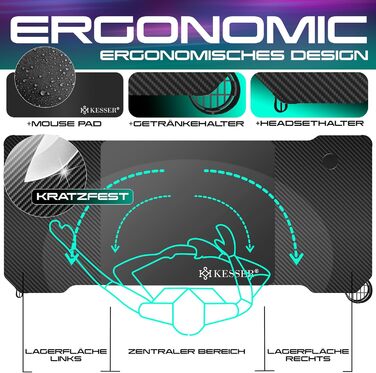 Ігровий стіл KESSER 160см х 60см Z-подібна форма Гачки для навушників і карбонове покриття Підстаканник чорний