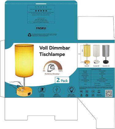 Набір Wondlumi з 2 сенсорних приліжкових світильників з USB, текстура дерева, включаючи світлодіод 6 Вт, E27, упаковка з 2 шт.