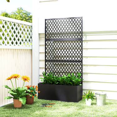 МеталевийRaised Bed with Trellis, Outdoor Planting Box with Diamond Lattice Privacy Screen for Flowers