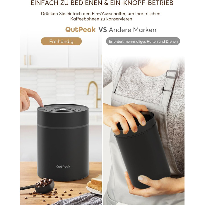 OUTPEAK Neo 2025 Kilo Auto-Vakuum-Kaffeedose: Контейнер для кави з авто-вакуумним насосом, 1,5 л, для 500 г кавових зерен, з кнопкою, з нержавіючої сталі, для бариста, подарунок (великий, матовий чорний)