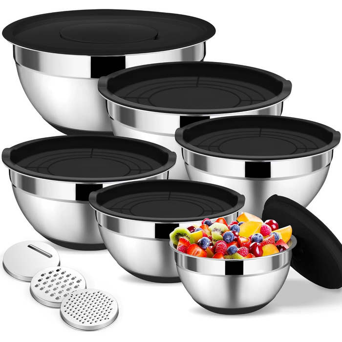 Набір мисок Onader з нержавіючої сталі: 5 мисок + 3 терки. Набір мисок для салатів з кришками, 5 шт. (0,7-4 л), чорний