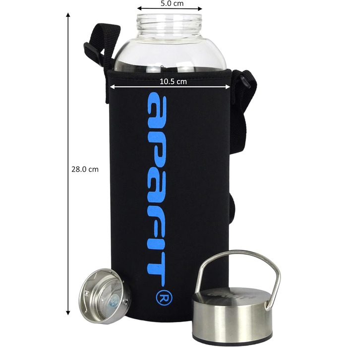Скляна пляшка для води APAFIT 1,5 літра з кришкою з нержавіючої сталі з сумкою для перенесення та ситечком для інфузорів, пляшка для пиття для домашньої кухні, спортивні походи, дозвілля, 1,5 літра ідеальні мінеральні палички
