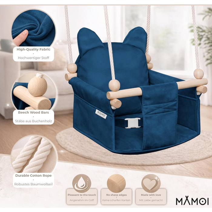 Дитяча гойдалка-колиска MAMOI з ременем безпеки, регульована висота 150-190 см, блакитна. Гойдалка для дому, міцна конструкція, м'яке сидіння, легкий монтаж