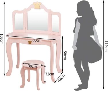 Дитячий туалетний столик COSTWAY з табуреткою, знімне дзеркало, ящик, 80x42x105см (рожевий)