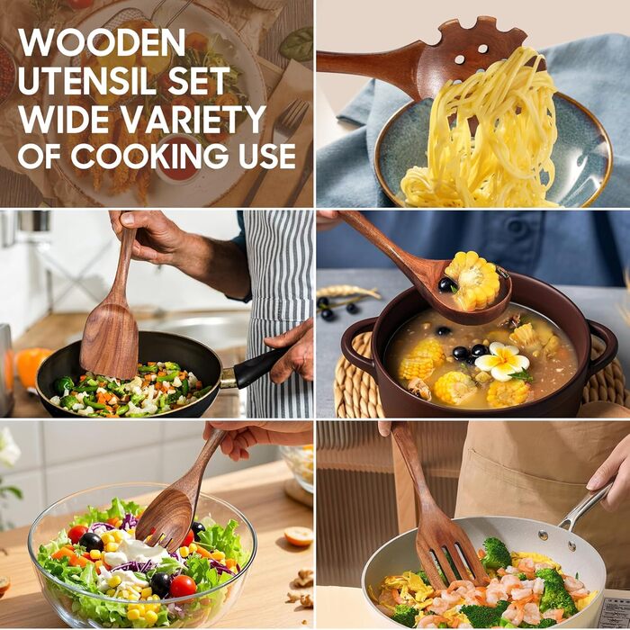 Набір кухонних аксесуарів з текового дерева (10 шт) з підставкою: лопатка, половник, шумовка, ложка для салатів, виделка для салатів