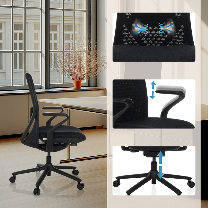 Офісне крісло VERVIO з 3D-сіткою на спинці / тканинний сидіння, чорний колір, hjh OFFICE