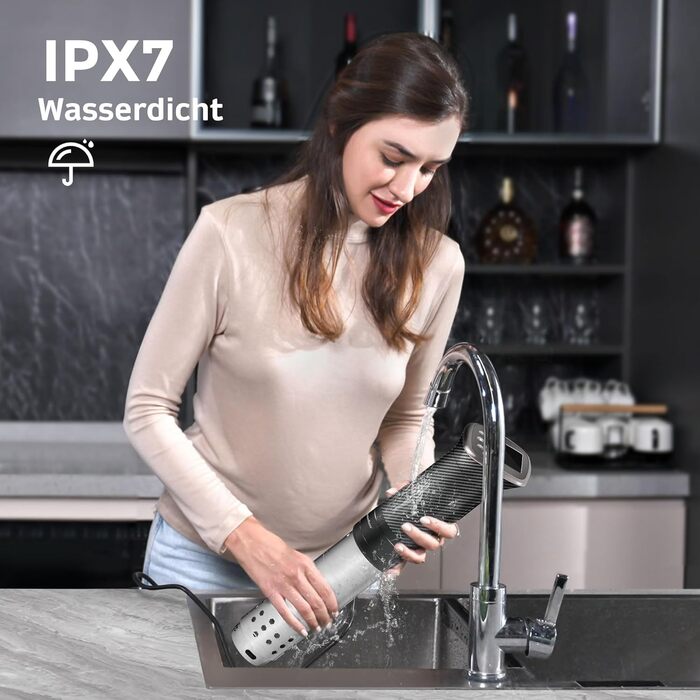 Су-від занурювальний циркулятор KitchenBoss: WiFi, точний контроль температури, керування через додаток, 1100W, діапазон 40-90°C, IPX7, TFT дисплей, тиха робота, карбонове волокно, чорний