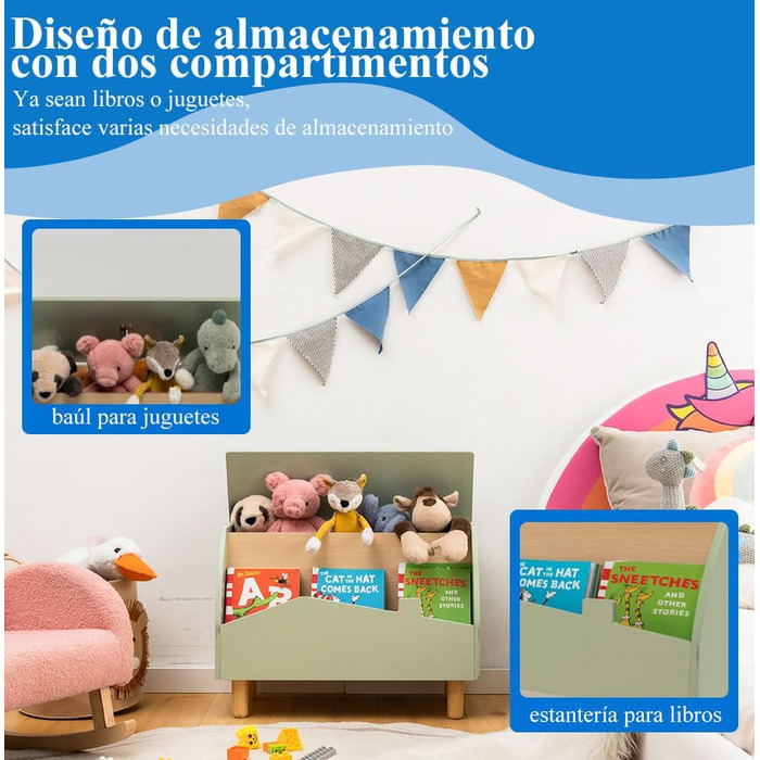 Дитяча полиця SOARS 2 в 1 для книг та іграшок з ящиком, білий та зелений, 60 x 30 x 44 см