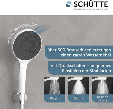 Ручний душ SCHTTE CAPRI з технологією оксамитового розпилення Душова лійка з понад 300 струменями та 3 регульованими режимами розпилення Душова лійка проти накипу для душу Білий