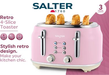 Тостер SALTER Retro на 4 скибки, рожевий, 1630 Вт, широкі отвори, 6 режимів підсмажування, функції розморожування, підігріву, відміни, знімний піддон для крихт, автоматичне центрування