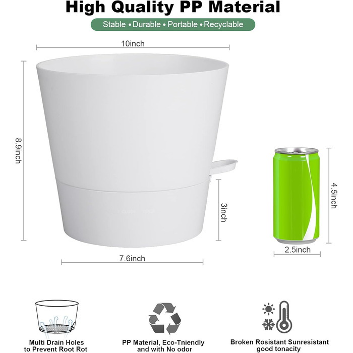 Набір з 2 горщиків для квітів 25.4 см, пластик, з системою поливу, для дому, балкону, саду, сукулентів, кактусів (зелений, білий)