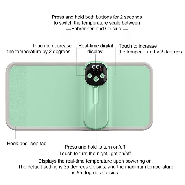 Підігрівач молока бездротовий з LED дисплеєм температури, 8000mAh, для дитячих пляшок, в подорожах, 6 режимів, швидкий нагрів, USB-C зарядка, термоізоляційний чохол для материнського молока, блакитний (зелений)