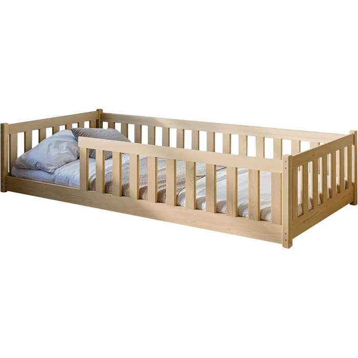 Ліжко дитяче Kinderbett Bodenbett 90x200 см з бортиком та ламелями Montessori, ліжко-гойдалка для дітей та підлітків, 4-18 років, колір натуральний