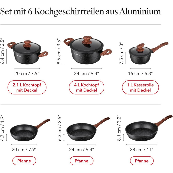 Набір посуду FLORINA MASTER BLACK 6 предметів: каструлі та сковороди з алюмінію з кришками, для індукції, газу, електроплити, кераміки. Можна мити в посудомийній машині