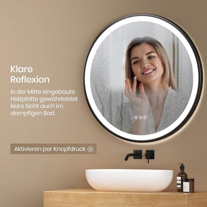 Дзеркало для ванної кімнати EMKE з підсвічуванням, діаметр 50 см, чорна рама, регульоване світло, антизапар, сенсорне управління, функція пам'яті, 80x80 см