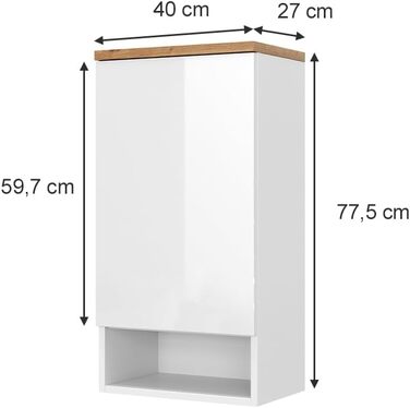 Ванна шафа Eden, Високий глянець/Дуб Ремісник, 40x184.2 см, 2 двері та шухляда, Білий, Навісна шафа