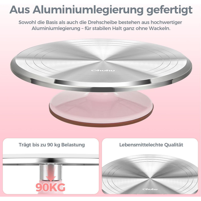 Ohuhu Поворотна платформа для тортів 30 см, алюмінієва, рожева | Підставка для декорування тортів