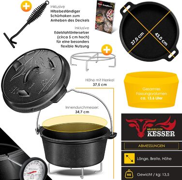 Набір чавунних казанів KESSER Dutch Oven для гриля та BBQ, 7.3 л, з підставкою з нержавіючої сталі, кришкознімачем та отвором для термометра, для використання на відкритому повітрі та вдома
