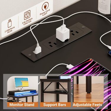 Unikito Кутовий стіл-трансформер L-подібної форми з розетками та LED-підсвічуванням, стіл для комп'ютера з полицями для зберігання, ігровий стіл, чорний