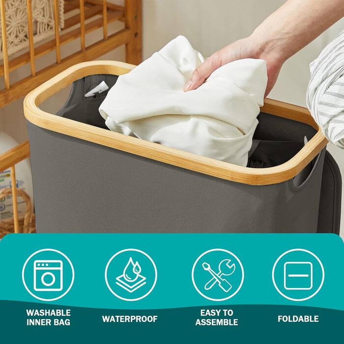 Кошик для білизни Youdenova з кришкою, 48л, вузький, з мішком для білизни, сортувальник, бамбук, білий