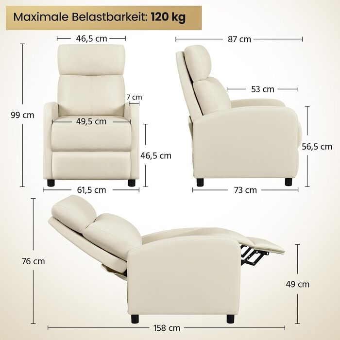 Крісло-релакс Yaheetech з регульованою підніжкою, крісло для телевізора, диван-крісло, крісло для відпочинку (Бежеве, штучна шкіра)