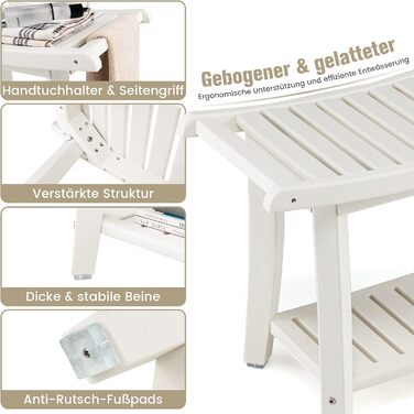 Двомісна душова лавка COSTWAY з полицею, 170 кг, біла. Душовий стільчик для дорослих та літніх людей, 60,5 x 34 x 48 см