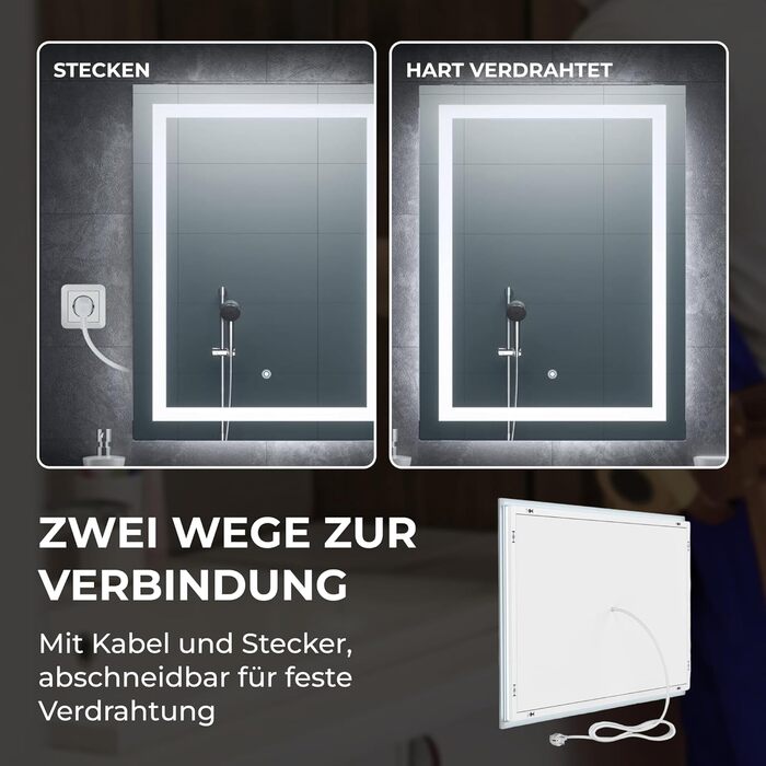 Дзеркало для ванної кімнати BR Bringer LED з підсвічуванням, 60x80 см, антизапарник, диммування, 3 кольори світла, сенсорне управління, функція пам'яті (BRS102)