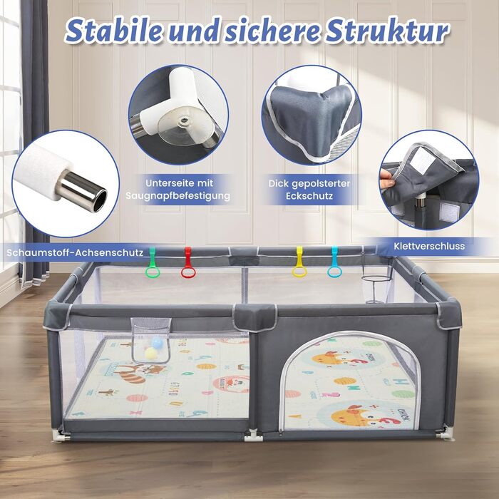 Манеж дитячий CHOLY для немовлят та малюків, 128x128 см (сірий з килимком 150x180 см) - безпечний, міцний, з сіткою та захистом