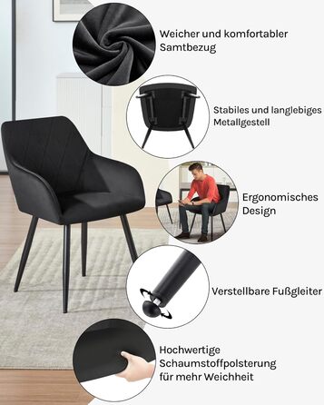 Набір обідніх стільців Woltu з підлокітниками та спинкою, для кухні, вітальні, їдальні, м'який оксамитовий чохол, металеві ніжки (Чорний, 8 шт.)