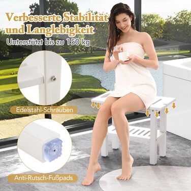 Лавка для душу COSTWAY з ручками та полицею, водонепроникна, до 150 кг, біла 55x35x45 см - допомога для ванної кімнати для літніх людей