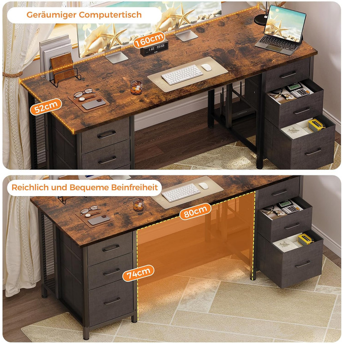 Комп'ютерний стіл Coleshome з 6 шухлядами, 160x52 см, білий, для дому та офісу