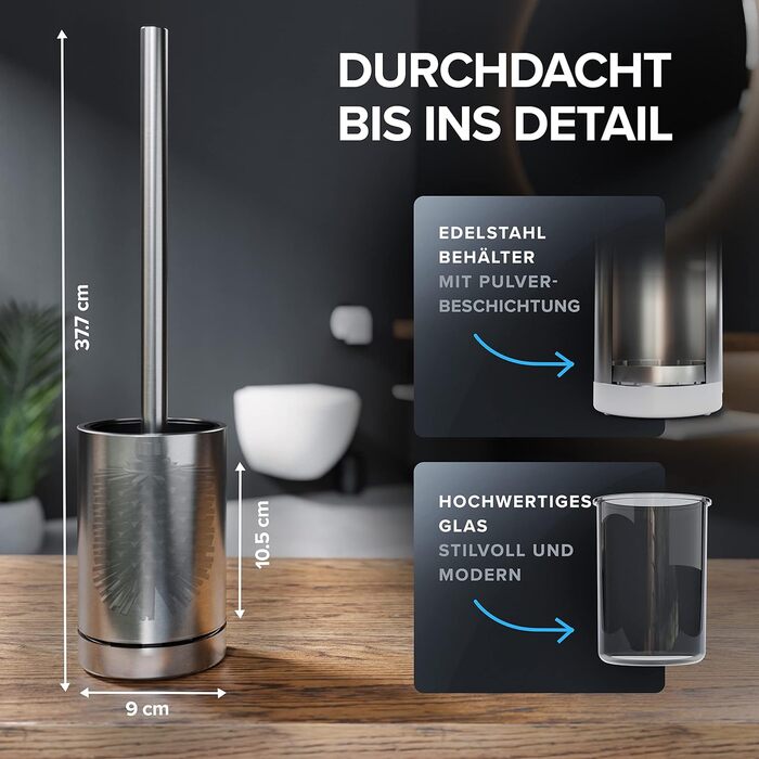 Торцева щітка для унітазу ROMO | Силіконова щітка для унітазу | З вентиляцією | Свободно стояча | Змінний насадок з нержавіючої сталі | Знімна підставка для крапель | Торцева щітка без кріплення до стіни (Без бачка, Срібна)