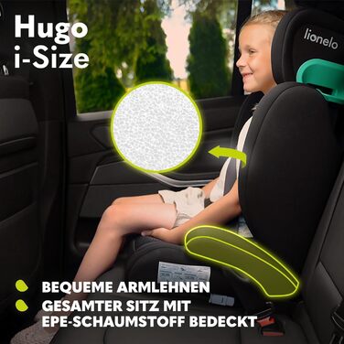 Дитяче автокрісло LIONELO HUGO I-SIZE, група 2 3, від 100-150 см, установка ISOFIX, регульований підголівник, піна з ефектом пам'яті, бічний захист, зручні підлокітники чорно-сірий