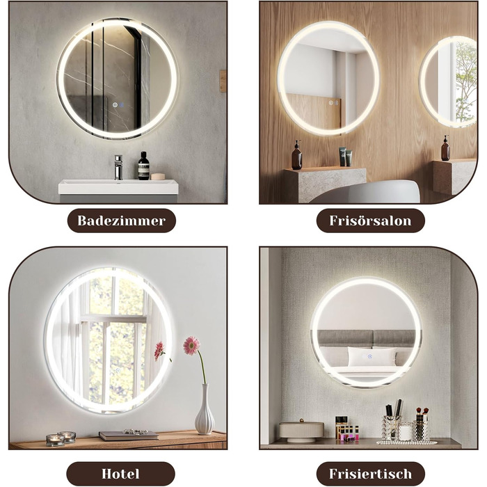 Дзеркало для ванної кімнати Mursche з підсвічуванням LED, 50x70 см, IP44, сенсорний вимикач, годинник, антизапарник, регулювання яскравості 3000K-6500K