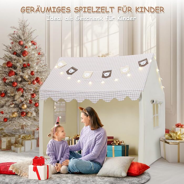 Дитячий намет Mamizо з килимком, прапорцями та світлом, зручний та дихаючий. Ігровий будиночок для дітей, намет для хлопчиків та дівчаток, 125x90x123 см, бежевий колір.