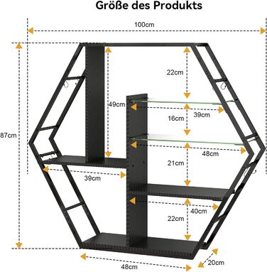 Підвісні полиці YU YUSING з RGB підсвічуванням 7 кольорів, геймерські полиці з 8 гачками, стелажі для демонстрації, настінні вітрини з 2 скляними полицями, підвісні шафи для спальні, кухні, бару, ігрової кімнати, декор, гексагон, карбонове покриття