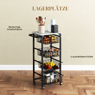 Візок кухонний HOMCOM 4-ярусний на колесах, мобільний сервірувальний візок, кухонний тележка з 4 сталевими кошиками
