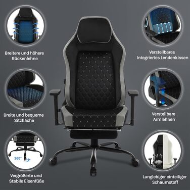 Ігровий крісло WOLTU, офісне крісло ергономічне, з інтегрованим м'яким наповнювачем, адаптивною підтримкою попереку, підніжкою, підлокітниками, оксамитовим покриттям, металевим каркасом, чорний + сірий, GS05szg Чорний+сірий Оксамит