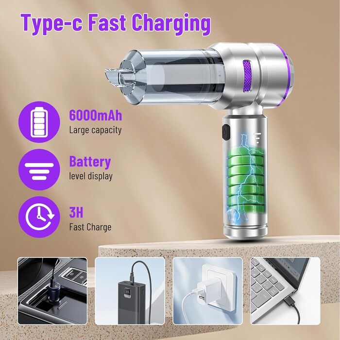 Акумуляторний ручний пилосос 4 в 1 для авто та дому, безщітковий двигун 22000Па, потужність 6000 мАг, портативний електричний пилосос-подув з набором щіток (Сріблясто-фіолетовий)