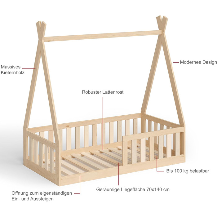 Дитяче ліжко-вігвам Bellabino Tajo для дітей 70х140 см, ліжко-будиночок з масиву сосни із захистом від падіння/огорожею та рейковим каркасом для дітей від 3-х років (натуральний)