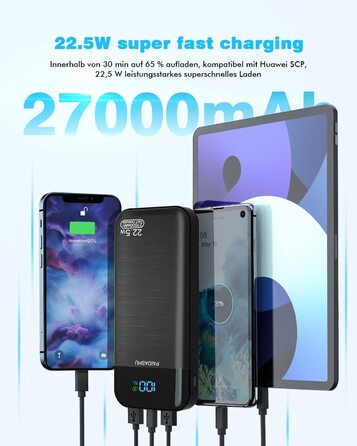 Швидкий зарядний пристрій POWERBANK 27000mAh PD3.0 QC4.0, LCD, 3 виходи, 2 входи, для смартфонів/планшетів