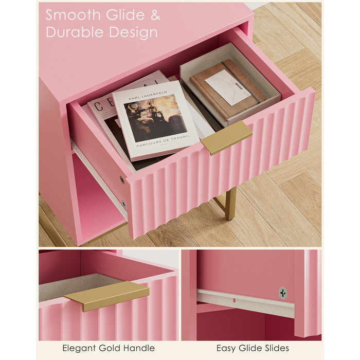 Приліжкова тумбочка з відкритим відсіком, журнальний столик для вітальні та спальні (горіх), 40 x 30 x 60 см, рожеве фетрове покриття