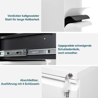 Роликовий контейнер LVSTEEL з замком, металевий офісний шафка, шафка для документів під стіл, 3 висувні ящики, збірно-розбірний, білий (56x37x37 см)